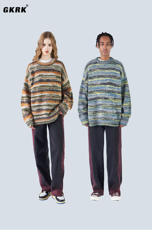 2303-GKRK 23年秋冬新品油画彩虹色渐变美式高街复古宽松圆领针织毛衣 商品图0