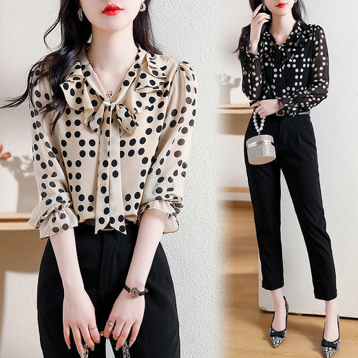 秋季雪纺波点衬衫，长袖新款飘带衬衣减龄漂亮洋气小衫上衣KQL-C20N166 商品图3