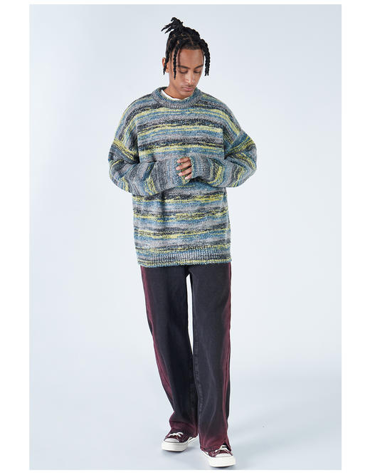 2303-GKRK 23年秋冬新品油画彩虹色渐变美式高街复古宽松圆领针织毛衣 商品图5