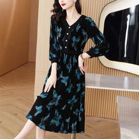 法式复古，秋季新款修身气质显瘦女神范V领百褶裙印花连衣裙AHM-msfs9057