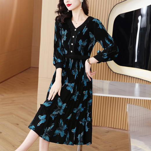 法式复古，秋季新款修身气质显瘦女神范V领百褶裙印花连衣裙AHM-msfs9057 商品图0