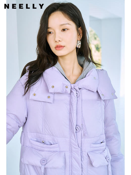 NEELLY纳俪90白鸭绒中长款过膝羽绒服女冬季连帽设计感保暖面包服N23104L06605 商品图2