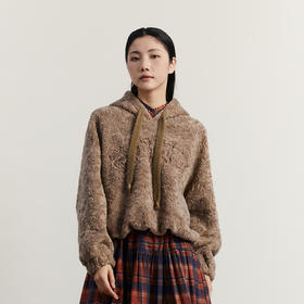 谜底毛毛卫衣女2023冬新品复古绣花连帽宽松短款长袖234MV1485