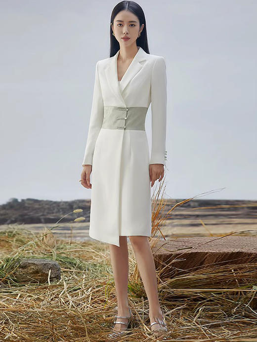 高端新款设计感中式国潮风连衣裙长袖收腰显瘦白色西装裙 商品图0