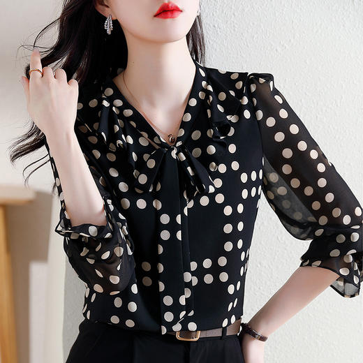 秋季雪纺波点衬衫，长袖新款飘带衬衣减龄漂亮洋气小衫上衣KQL-C20N166 商品图1