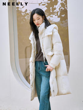 NEELLY纳俪90白鸭绒中长款过膝羽绒服女冬季连帽设计感保暖面包服N23104L06605