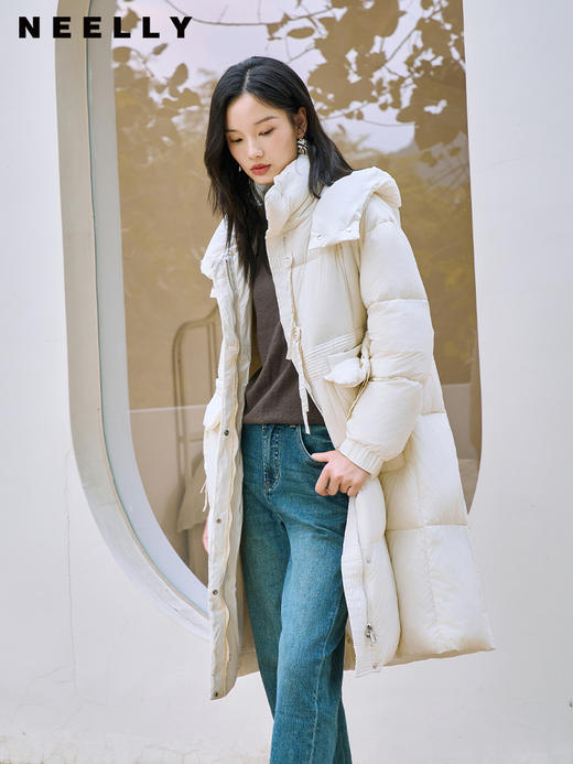 NEELLY纳俪90白鸭绒中长款过膝羽绒服女冬季连帽设计感保暖面包服N23104L06605 商品图0