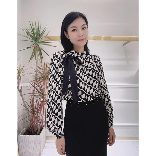 EIIR司歌职场印花几何长袖小立领衬衫T88G8696 商品图0