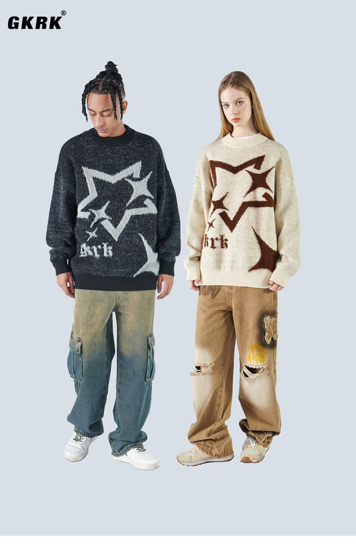 2305-GKRK 23年秋冬新品海马毛五角星撞色圆领针织毛衣 商品图0