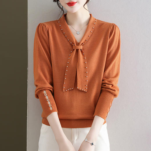 秋装新款，蝴蝶结毛衣长袖针织衫上衣时尚早秋钉珠女装打底衫CC-Q6602 商品图0