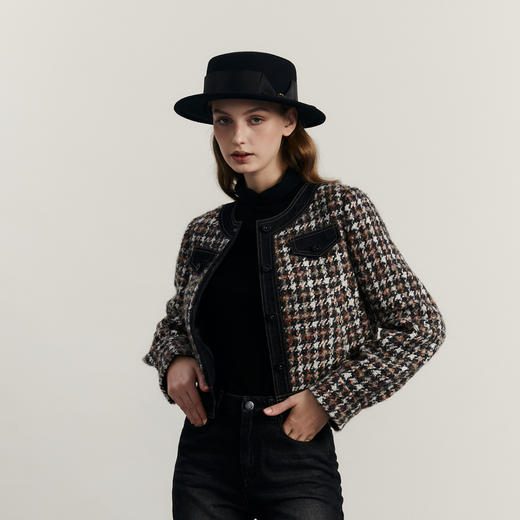 谜底小香风毛呢外套女2023冬季新品时尚拼接短款粗花呢234MW1512 商品图1