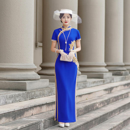 NL-2025新款金色宽边弹力修身大码妈妈演出旗袍礼服 小个子可穿 商品图3