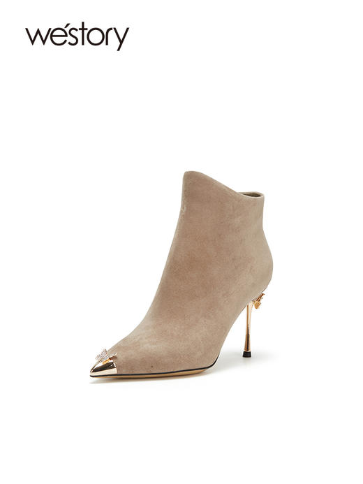 westory2023秋季新品女网红高跟半筒靴金属尖头细跟脚踝靴W23DS82771 商品图1