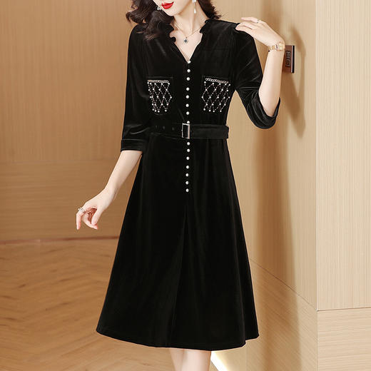 秋季新款，时尚复古优雅中长裙法式名媛风金丝绒黑色连衣裙AHM-ymy5290 商品图1