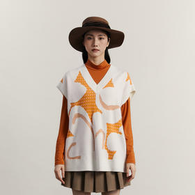 谜底V领针织衫马甲女2023冬新品复古文艺套头中长款毛衣234MZ1866