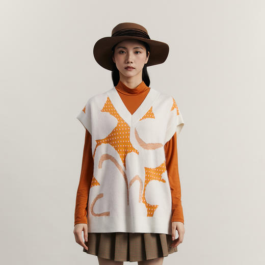 谜底V领针织衫马甲女2023冬新品复古文艺套头中长款毛衣234MZ1866 商品图0