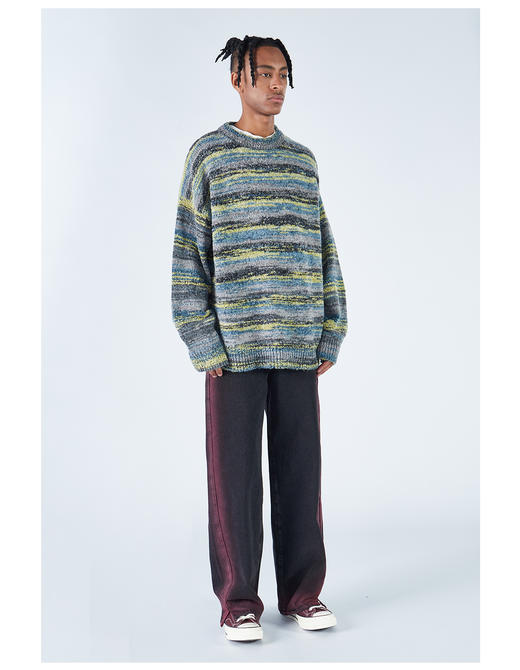 2303-GKRK 23年秋冬新品油画彩虹色渐变美式高街复古宽松圆领针织毛衣 商品图3