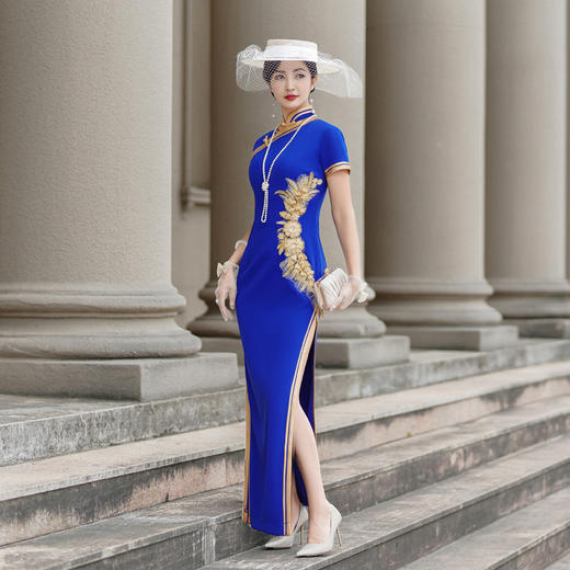 NL-2025新款金色宽边弹力修身大码妈妈演出旗袍礼服 小个子可穿 商品图1