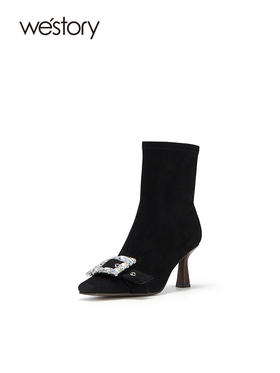westory2023秋季新品细跟方头短筒袜靴水钻方扣弹力瘦瘦单靴W23DS82731