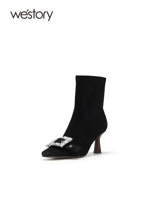 westory2023秋季新品细跟方头短筒袜靴水钻方扣弹力瘦瘦单靴W23DS82731 商品图0