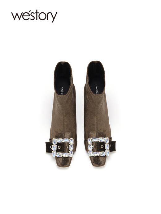 westory2023秋季新品细跟方头短筒袜靴水钻方扣弹力瘦瘦单靴W23DS82731 商品图2