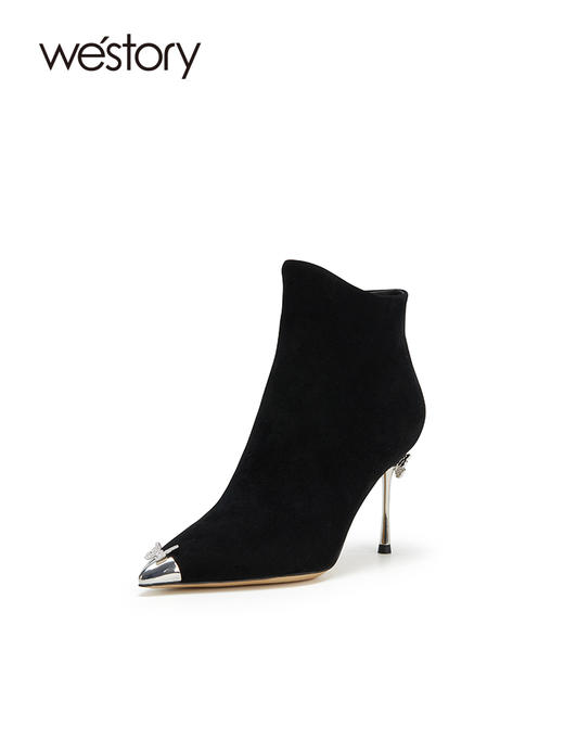 westory2023秋季新品女网红高跟半筒靴金属尖头细跟脚踝靴W23DS82771 商品图2
