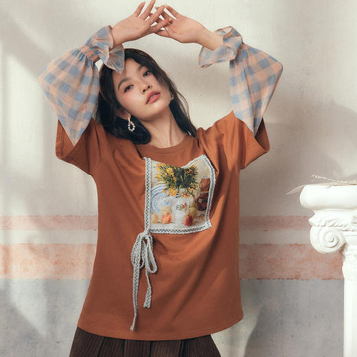 两三事梵高艺术葵下萌主文艺风向日葵拼接长袖T恤 商品图2