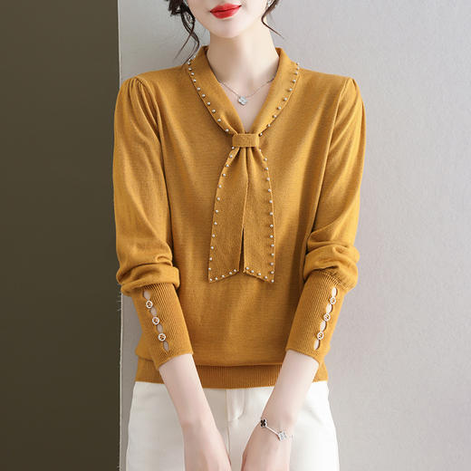 秋装新款，蝴蝶结毛衣长袖针织衫上衣时尚早秋钉珠女装打底衫CC-Q6602 商品图2