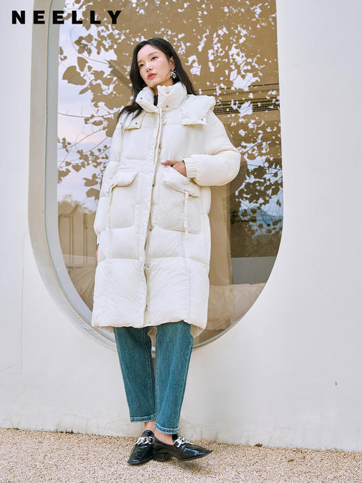 NEELLY纳俪90白鸭绒中长款过膝羽绒服女冬季连帽设计感保暖面包服N23104L06605 商品图1
