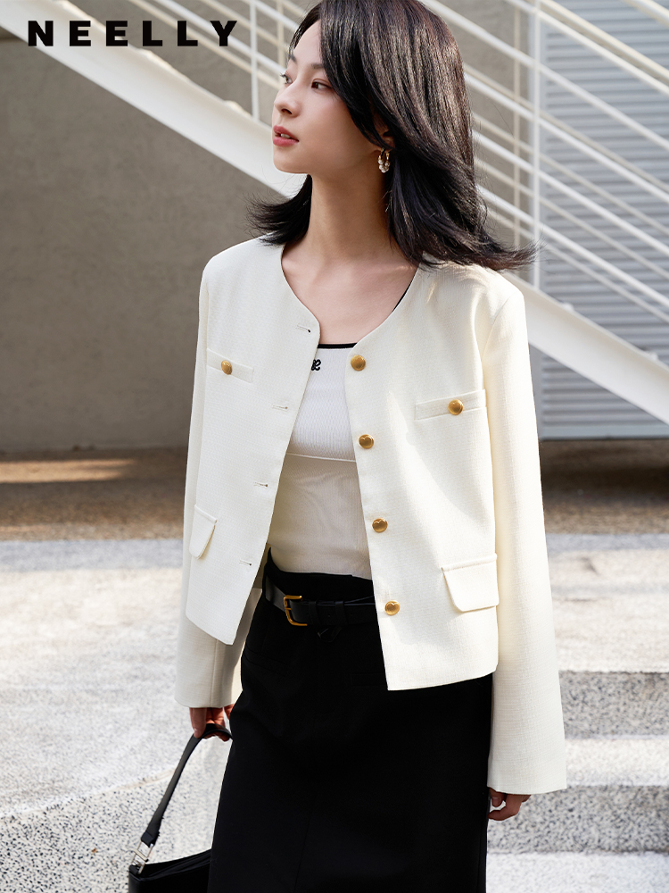 法式小香风外套女NEELLY纳俪秋季新款时尚气质百搭通勤 V领短上衣