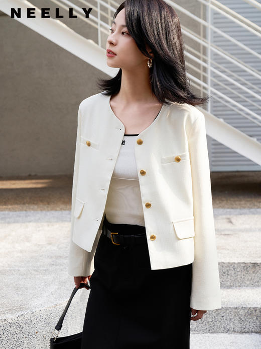 法式小香风外套女NEELLY纳俪秋季新款时尚气质百搭通勤 V领短上衣 商品图0