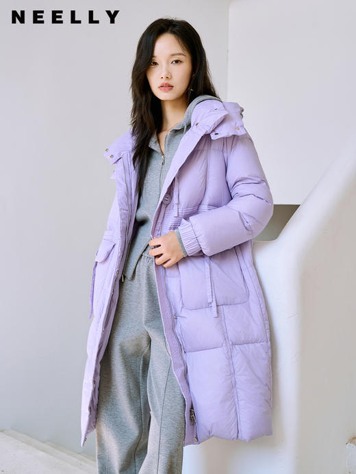 NEELLY纳俪90白鸭绒中长款过膝羽绒服女冬季连帽设计感保暖面包服N23104L06605 商品图3