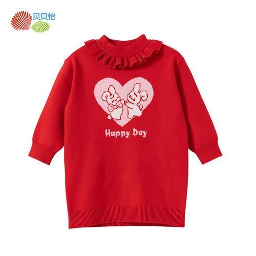 贝贝怡童装秋冬款女童针织连衣裙女宝宝新年装可爱兔子提花裙子233Q378 商品图4