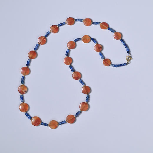 西亚高古红玛瑙圆饼+透蓝琉璃珠项链 商品图0