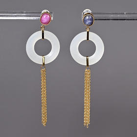 清代和田白玉环+红蓝宝石流苏耳环