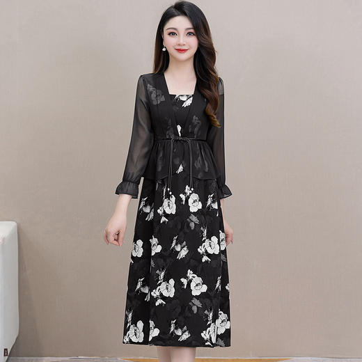 修身时尚，秋款中长款印花假两件连衣裙方领长袖时髦雪纺裙QYM-XQD-53C2316-L 商品图1