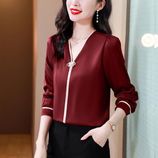 复古盘扣V领衬衫，女长袖衬衣秋季新款时尚洋气质上衣KQL-369H1728 商品图1