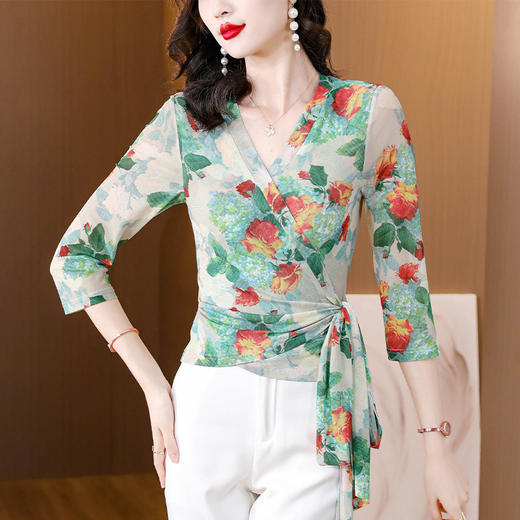 秋季V领修身显瘦印花蕾丝衫通勤甜美宽松型系带上衣K-D46M313 商品图1