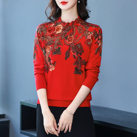 FCSF8321 2023年秋季新款女装圆领中年妈妈毛衣女花宽松印花套头针织衫女 商品图3
