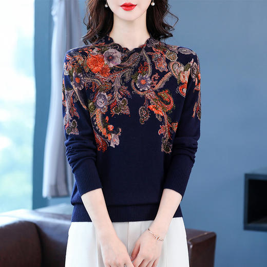 FCSF8321 2023年秋季新款女装圆领中年妈妈毛衣女花宽松印花套头针织衫女 商品图1