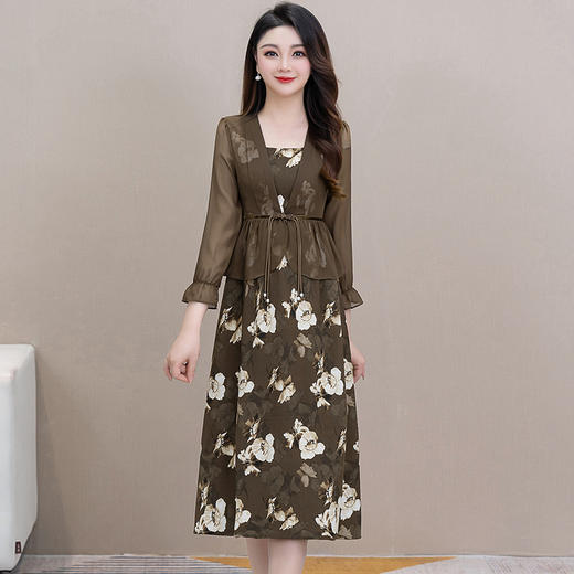 修身时尚，秋款中长款印花假两件连衣裙方领长袖时髦雪纺裙QYM-XQD-53C2316-L 商品图0