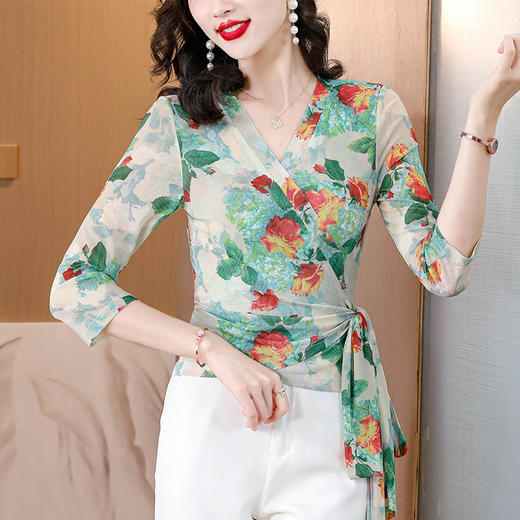 秋季V领修身显瘦印花蕾丝衫通勤甜美宽松型系带上衣K-D46M313 商品图3