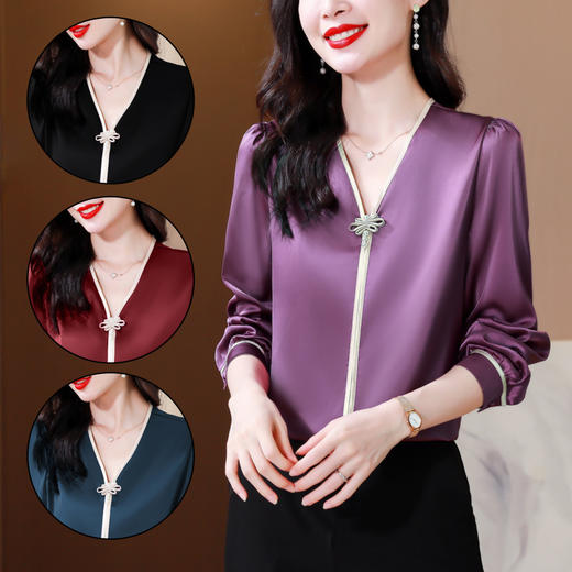 复古盘扣V领衬衫，女长袖衬衣秋季新款时尚洋气质上衣KQL-369H1728 商品图0