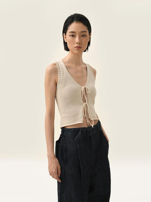 322工房经典再造环保棉针织v领绑带马甲2023夏款显瘦女士背心B111 商品图0