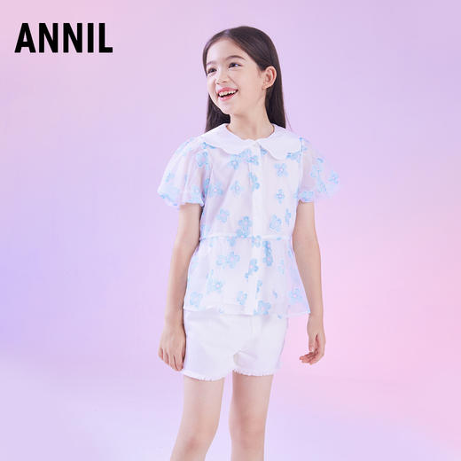 女童网纱上衣翻领短袖夏新款薄款缕空透气女孩衬衫安奈儿童装EG321161 商品图1