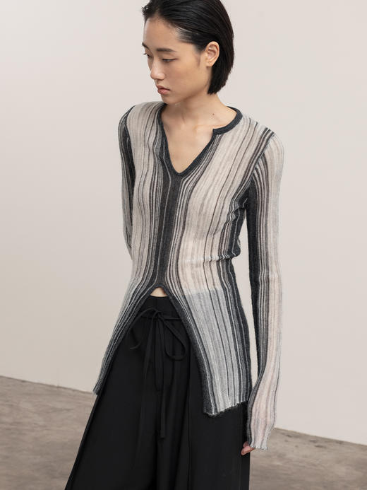 322工房超幼马海毛竖条纹针织套头衫2023秋冬款v领长袖针织衫B121 商品图3