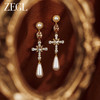 ZEGL设计师法式十字架系列流苏人造珍珠耳环女高级感耳钉银针耳饰 商品缩略图1