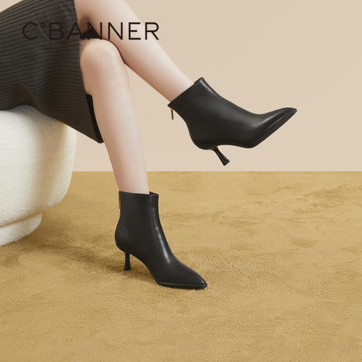 千百度细高跟靴秋冬羊皮时装靴尖头显瘦美拉德短靴女鞋A23572104 商品图2