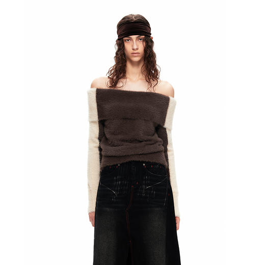 NUTH“盒子”｜撞色仿貂毛露肩拼色慵懒一字肩毛衣女上衣美拉德 商品图0