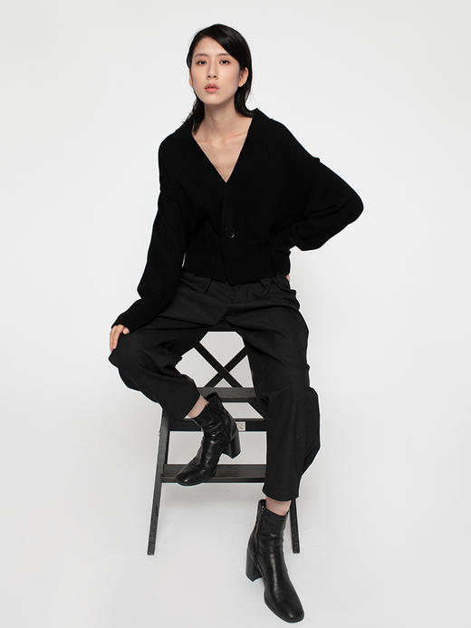 322工房针织开衫女宽松秋黑色纯羊绒v领加厚毛衣气质简约外套上衣 商品图2